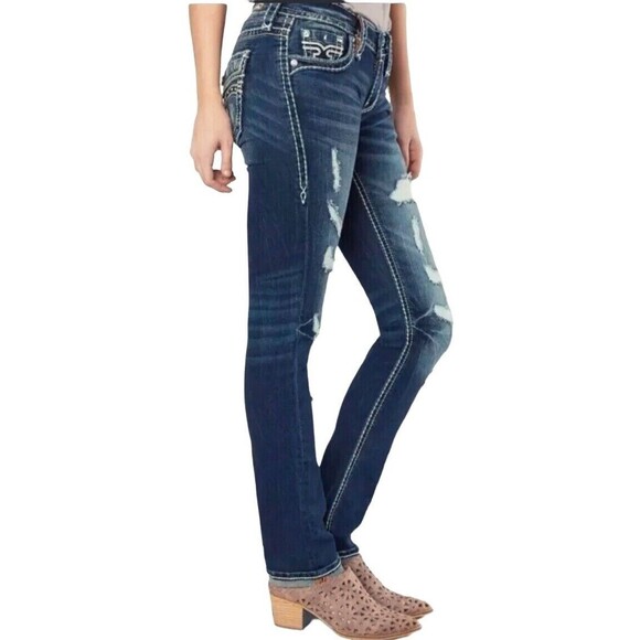 Rock Revival Priya Women’s Size 27 Straight Leg Distressed Rhinestones Jeans - Picture 10 of 12